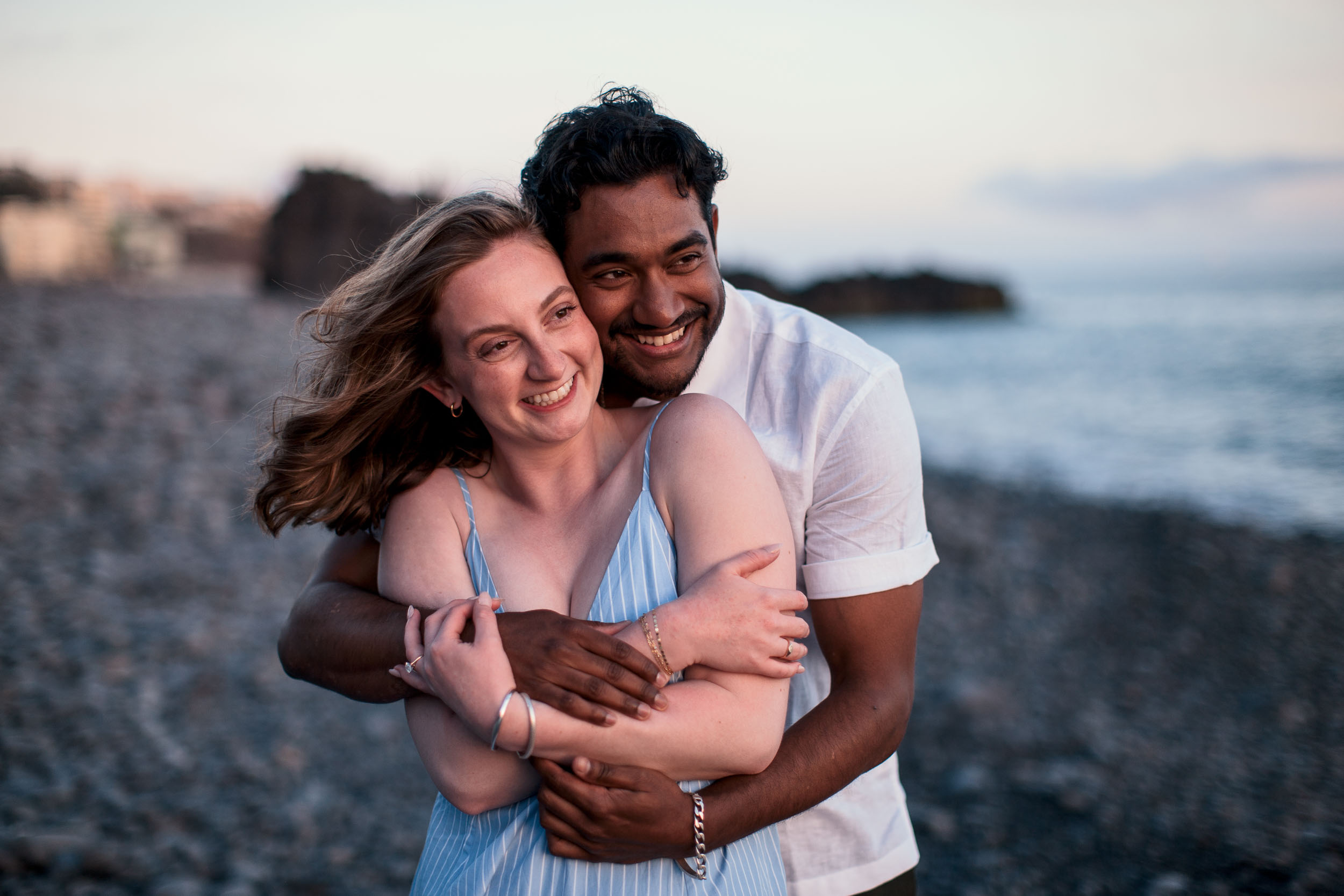Engagement photos at Praia Formosa sunset, Funchal, Madeira