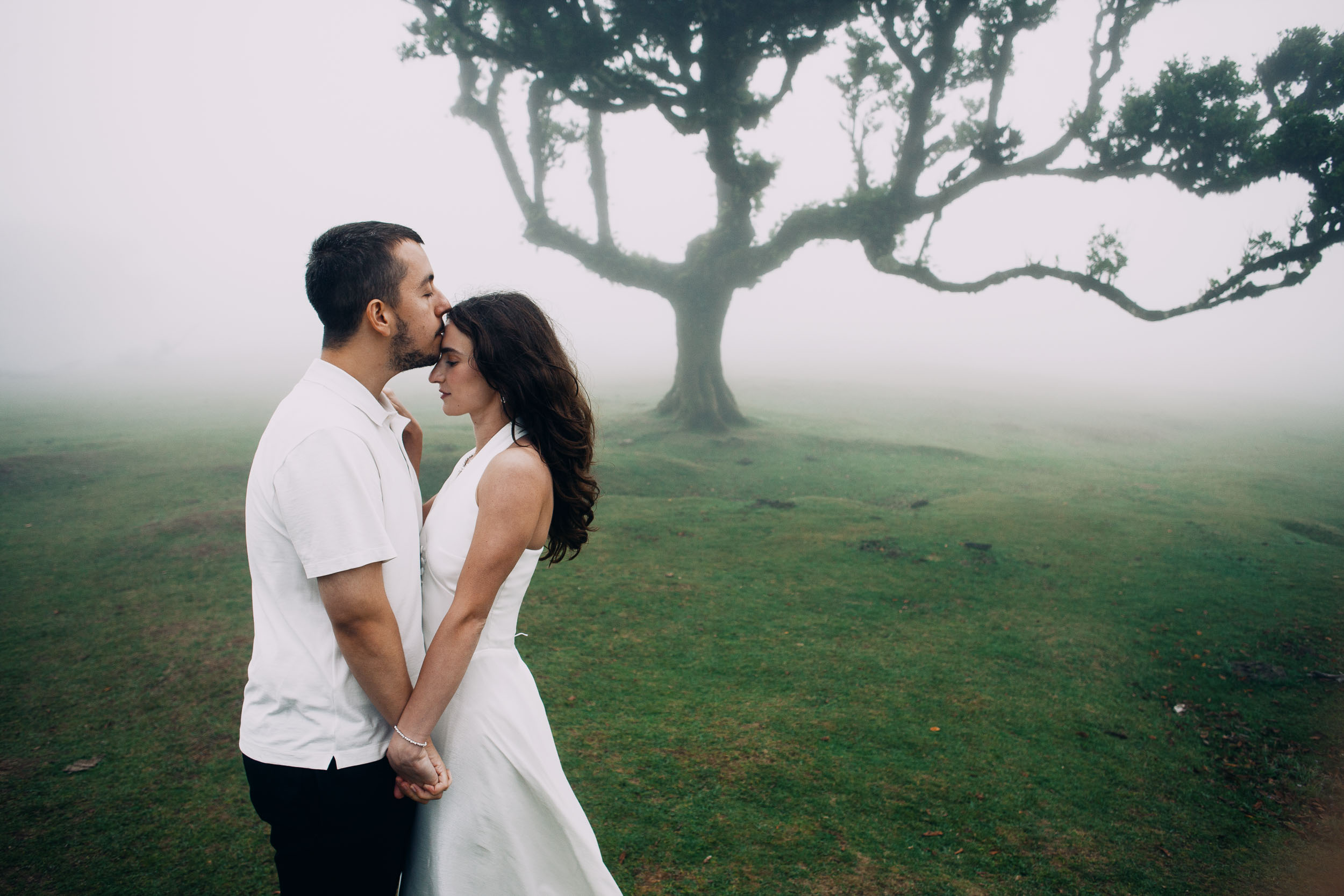 Man kissing his wife on the forehead in front of a wide laurel canopy, Fanal Forest, Madeira