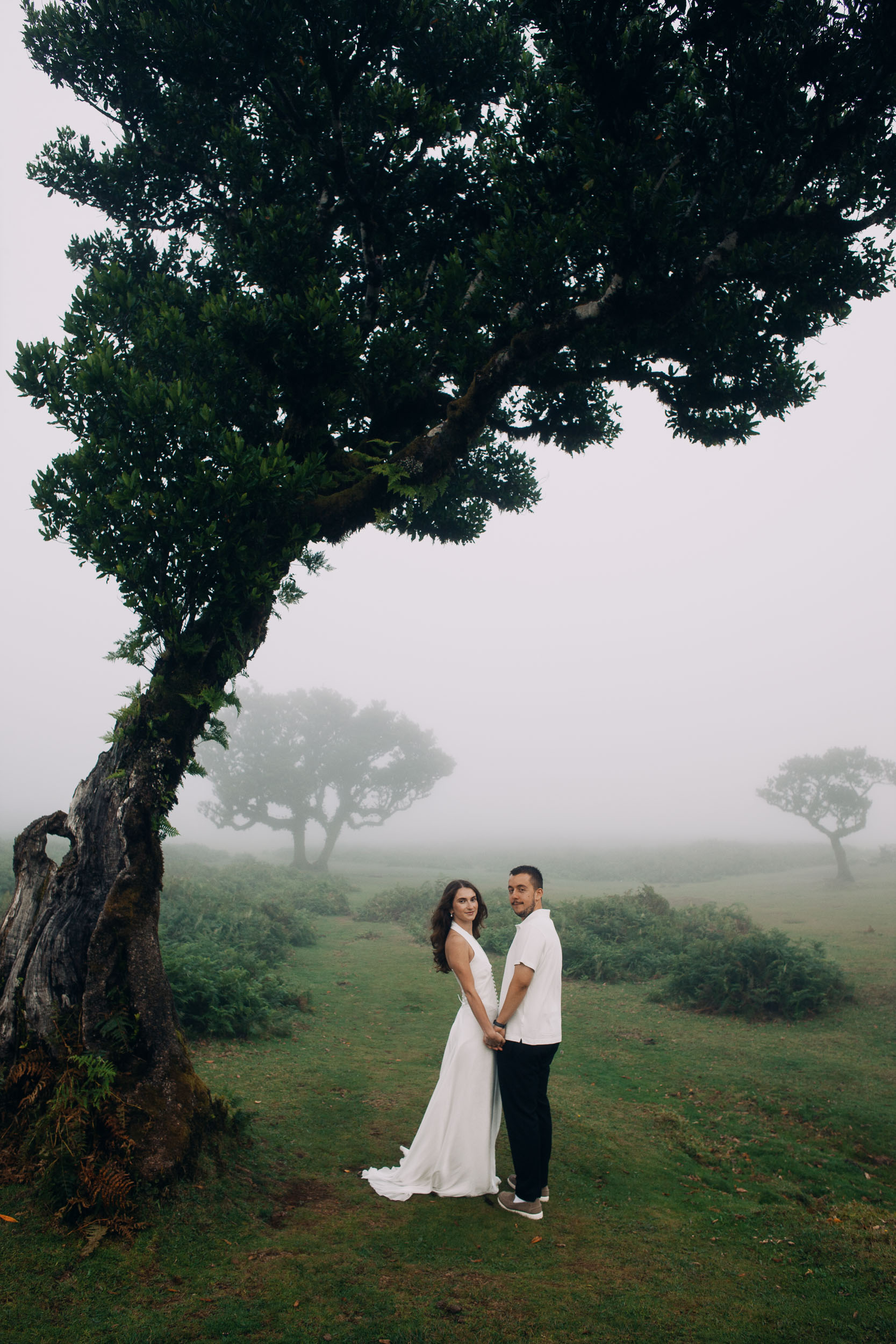 Couple standing hand in hand looking at the camera beside an old laurel, Fanal Forest, Madeira