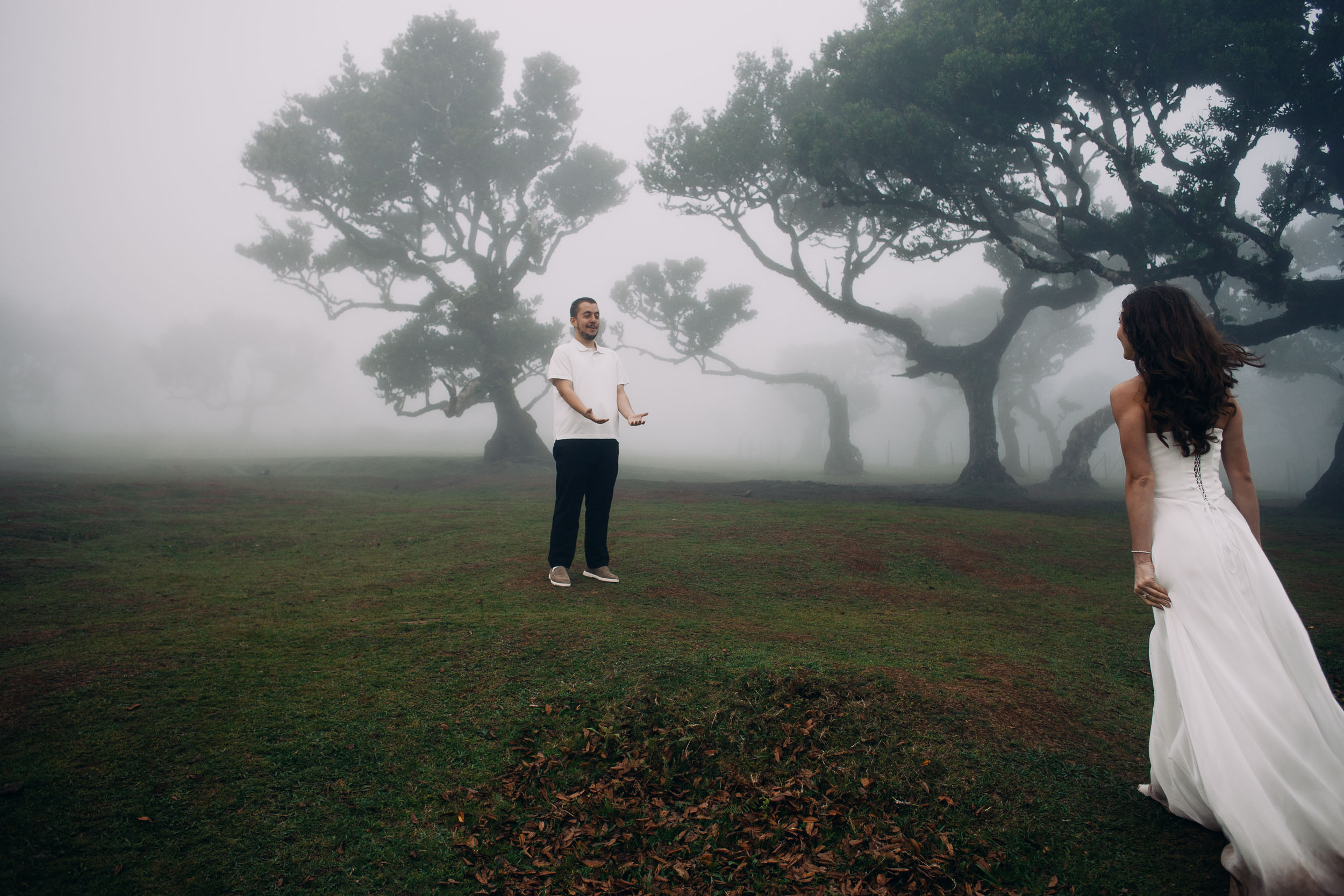 Man standing apart with his hand out to her, laurel grove behind, Fanal Forest, Madeira