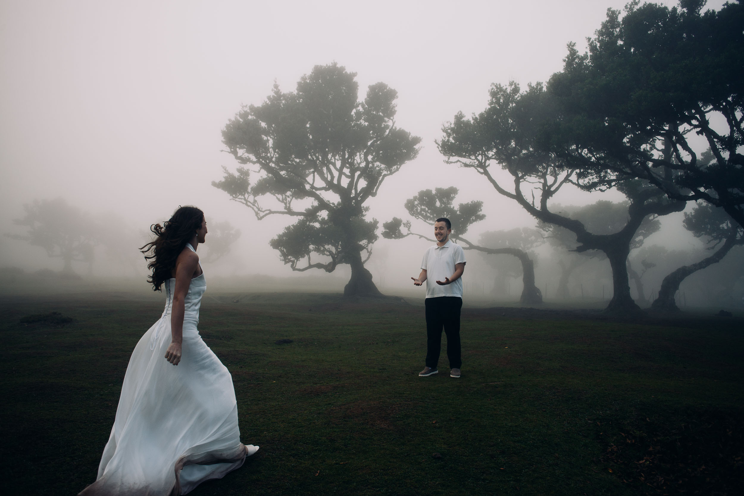 She walks toward him over the grass, laurels standing in the fog, Fanal Forest, Madeira