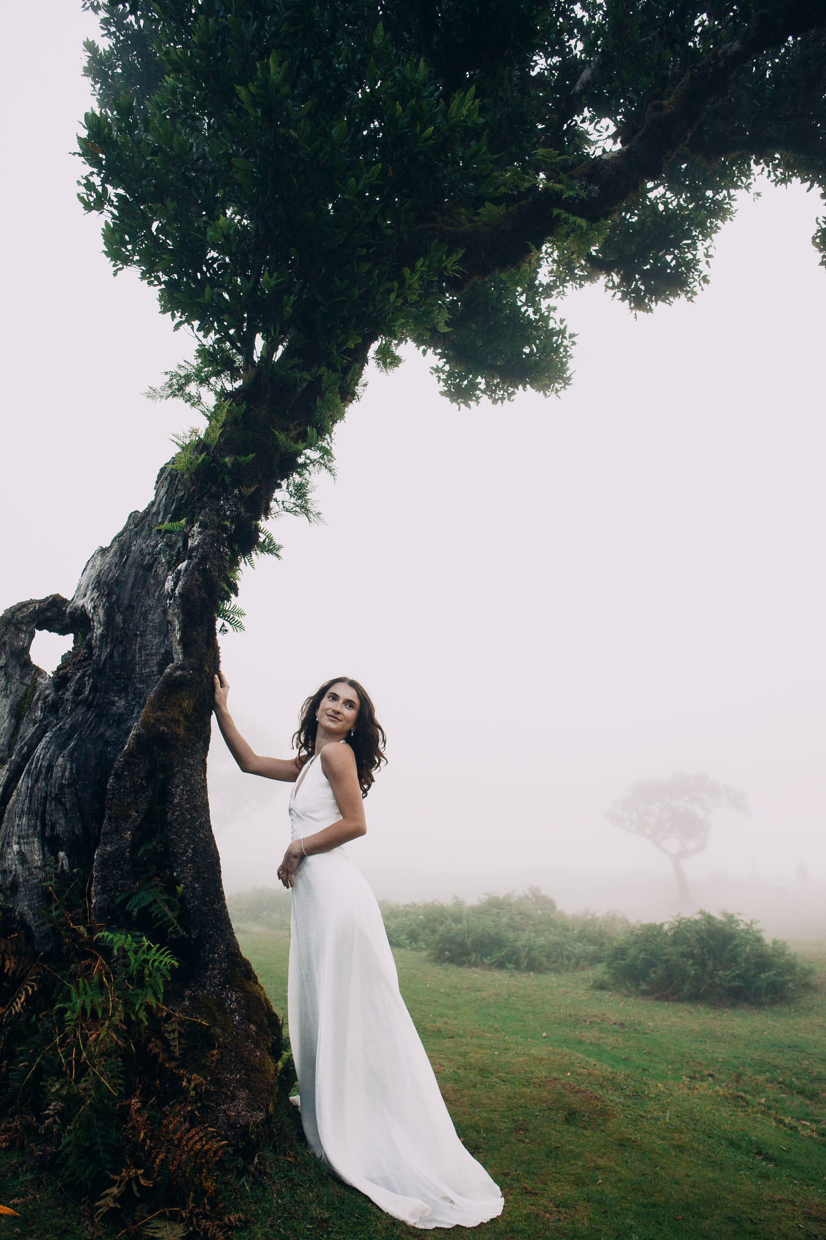 Her hand on the bark of an ancient laurel, looking back into the camera, Fanal Forest, Madeira