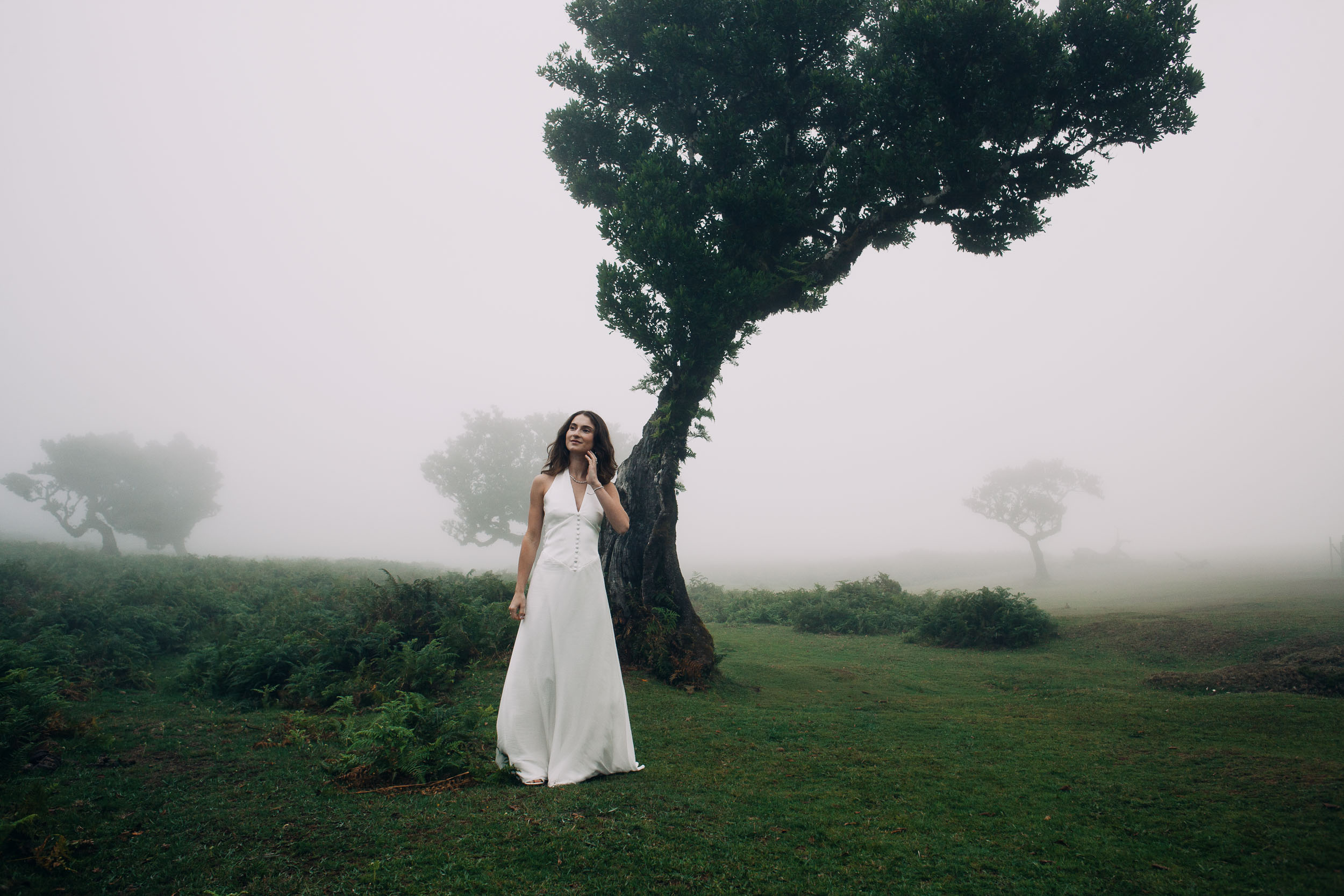 Portrait under a tall laurel, fog closing the background, Fanal Forest, Madeira