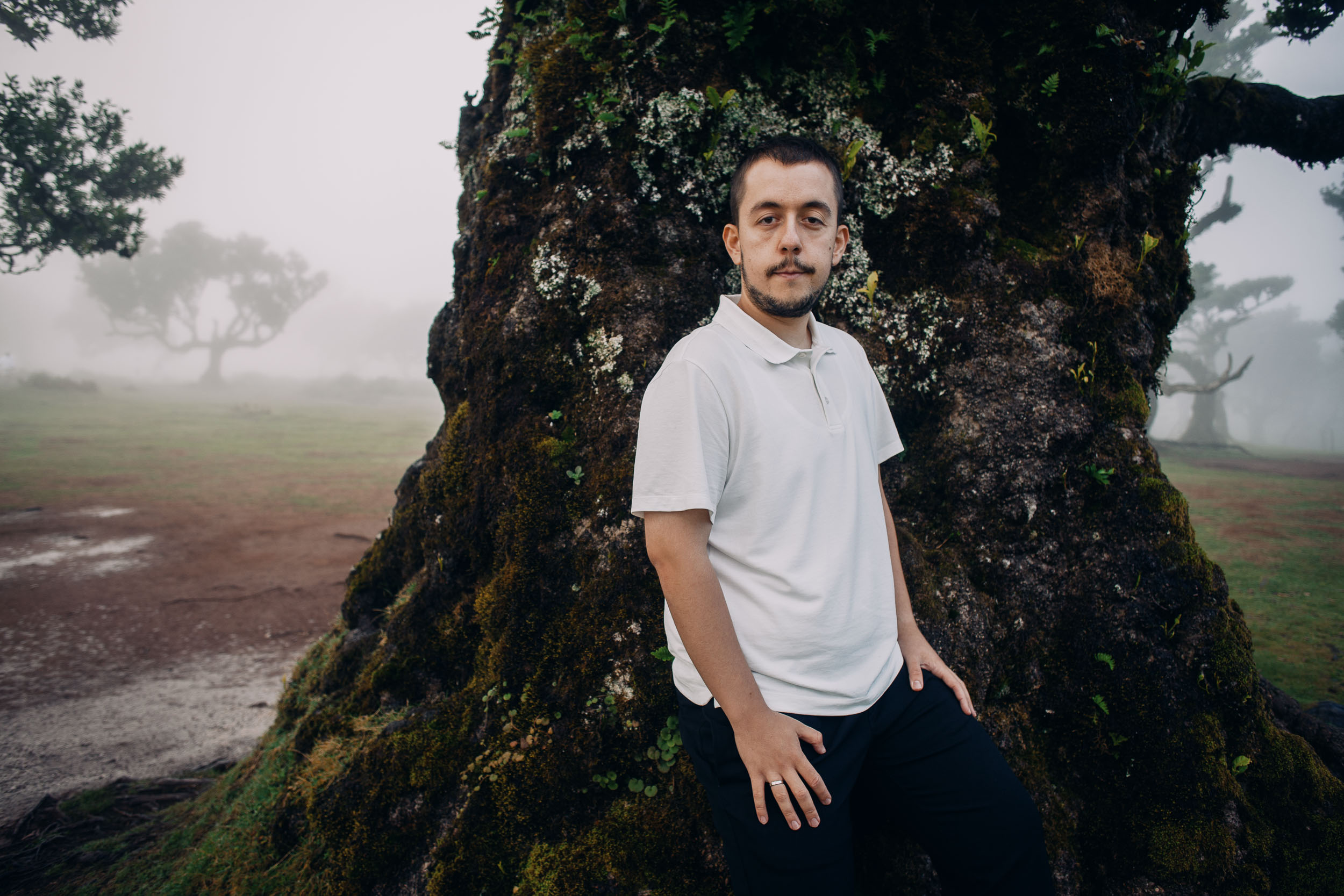 Portrait at the base of a centuries-old laurel, Fanal Forest, Madeira