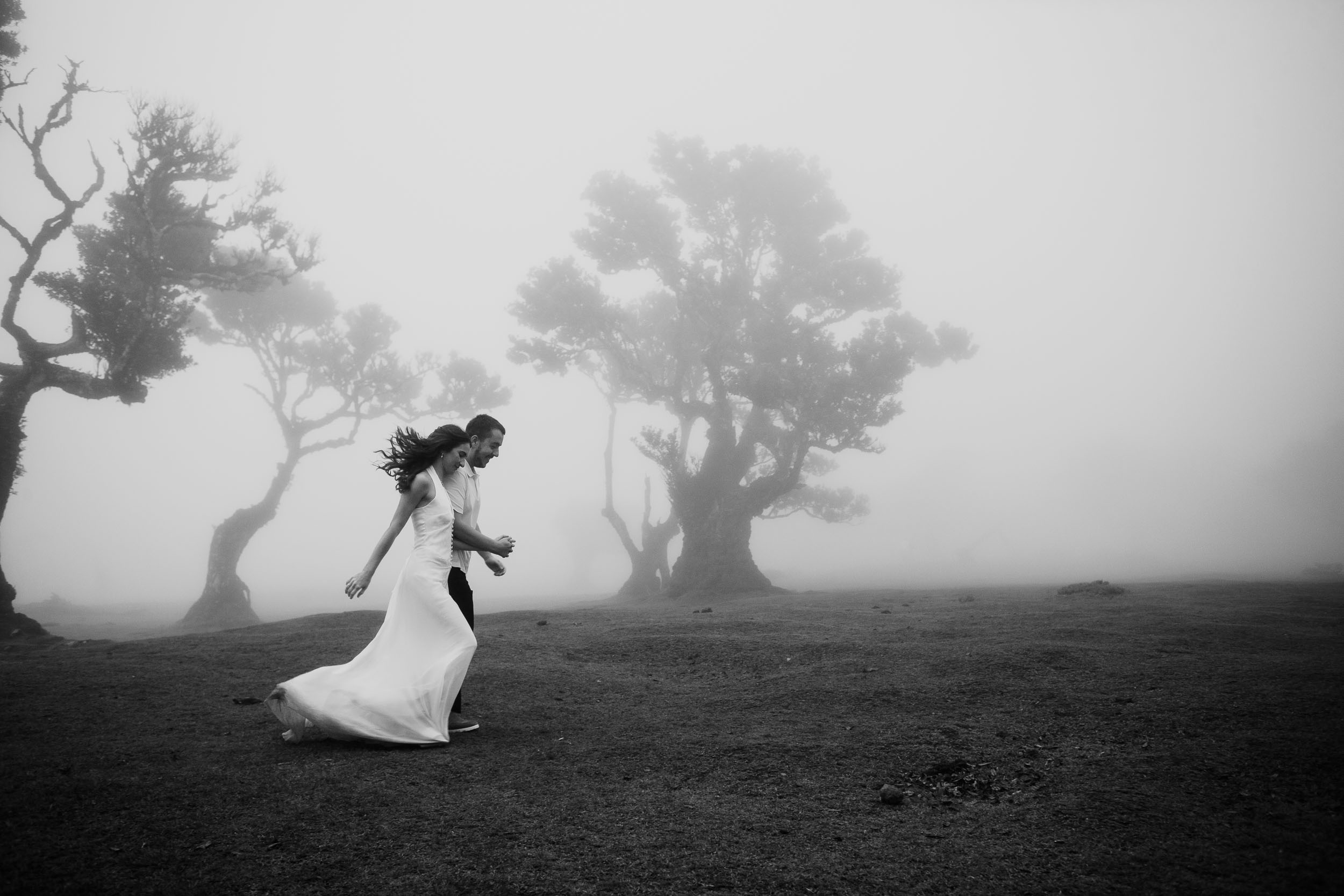 Black and white frame, her dress caught by the wind as they walk, Fanal Forest, Madeira