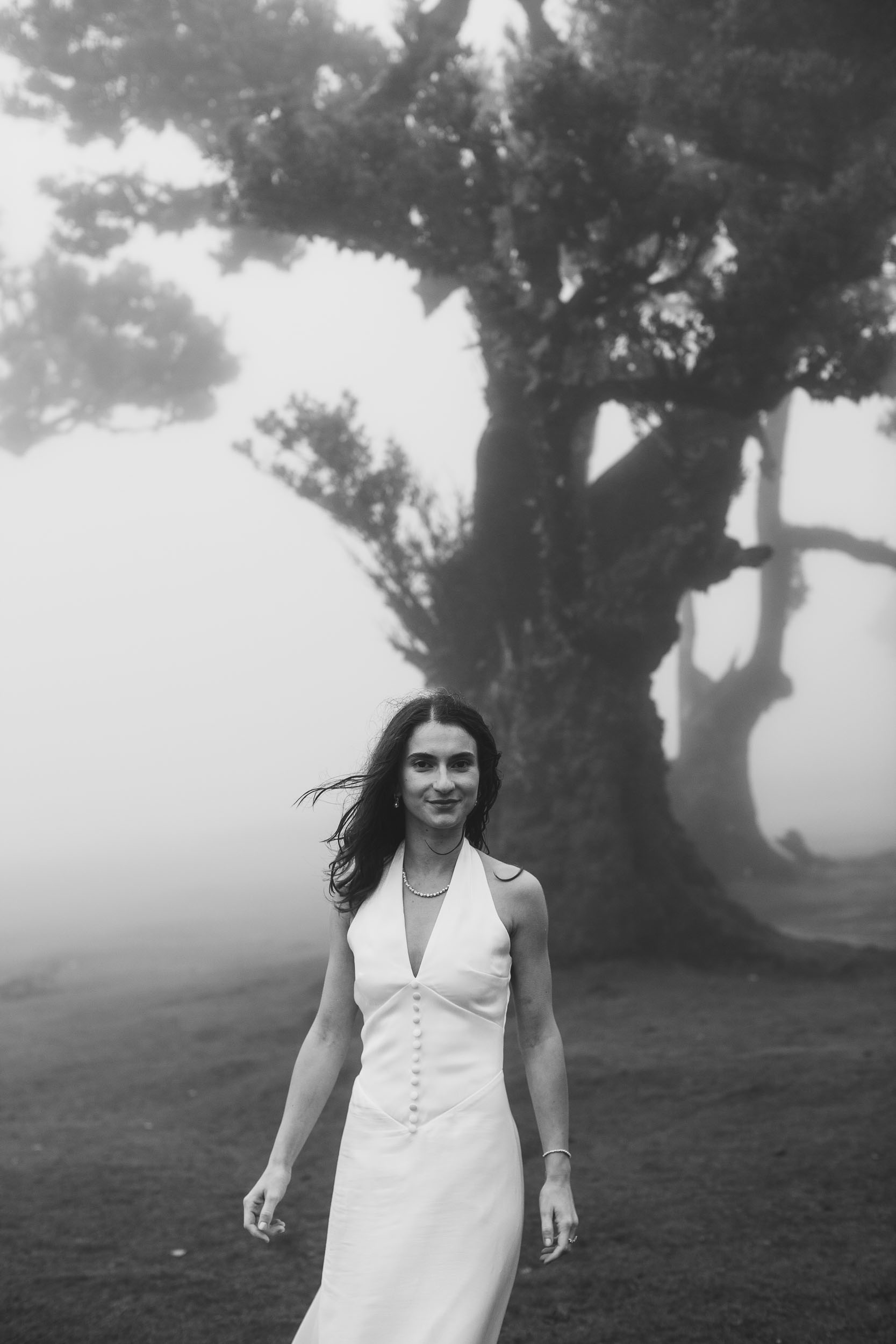 Close black and white portrait, her hair moving in the wind, Fanal Forest, Madeira