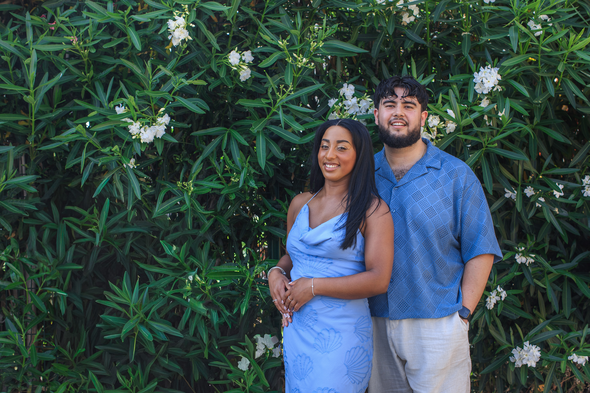 Jack and Charlotte among the white oleander flowers before the proposal, Funchal, Madeira
