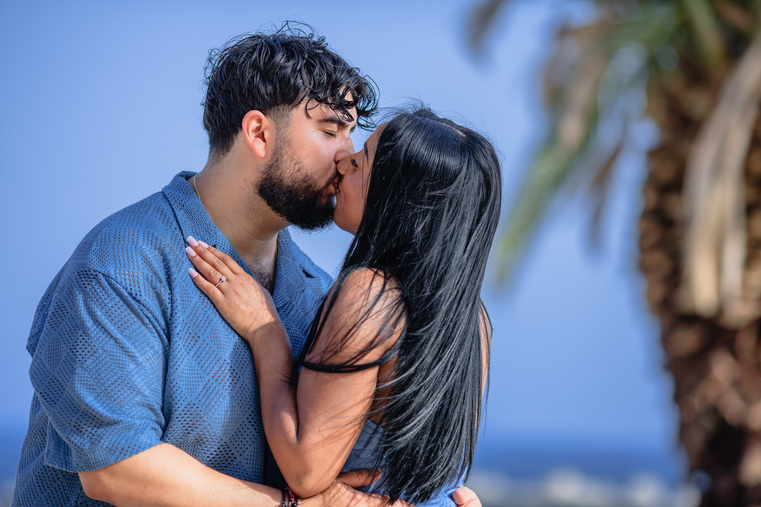 Kissing under the palms by the marina, engaged couple in Funchal, Madeira