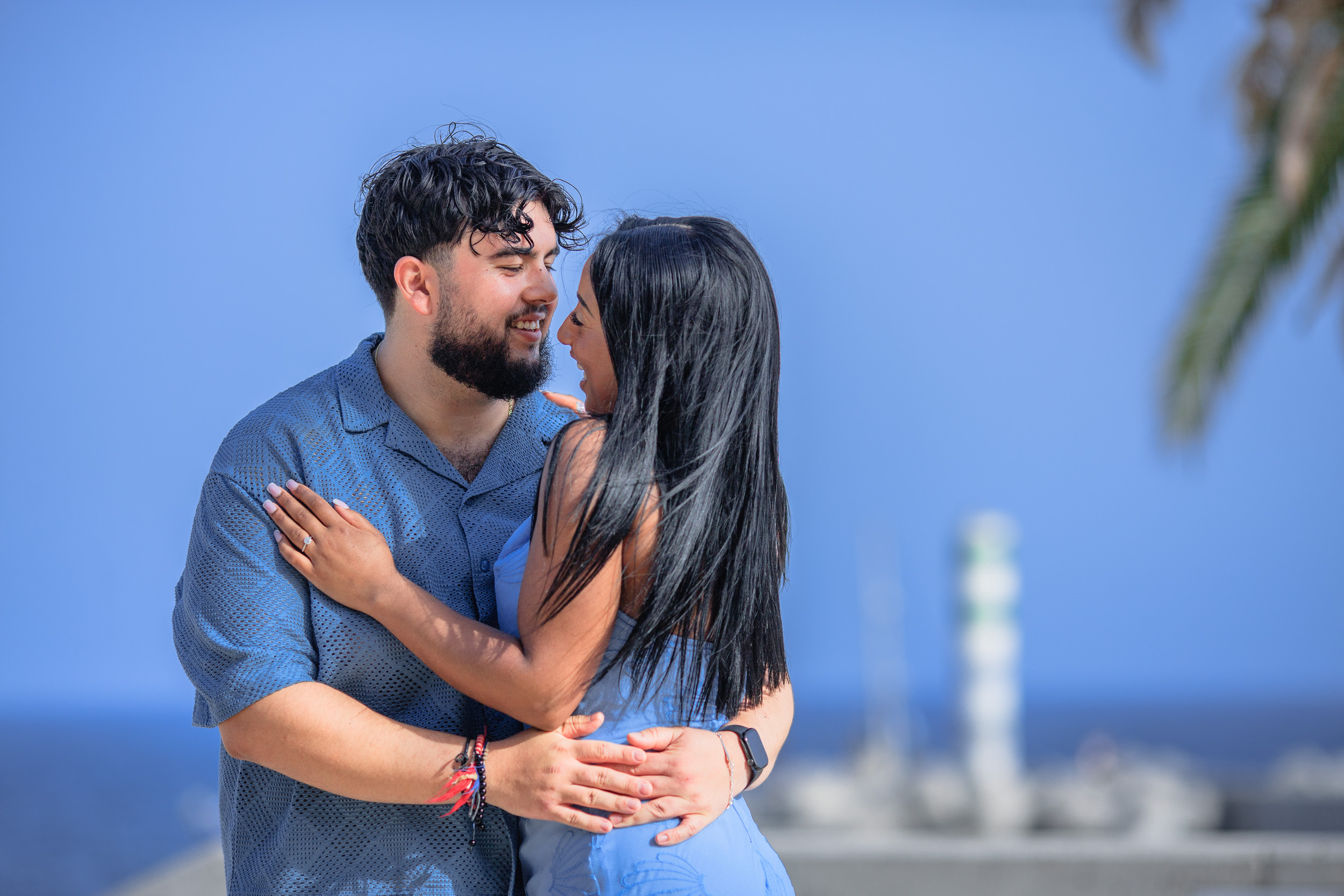 Wrapped together on the seafront, lighthouse pier behind, Funchal, Madeira