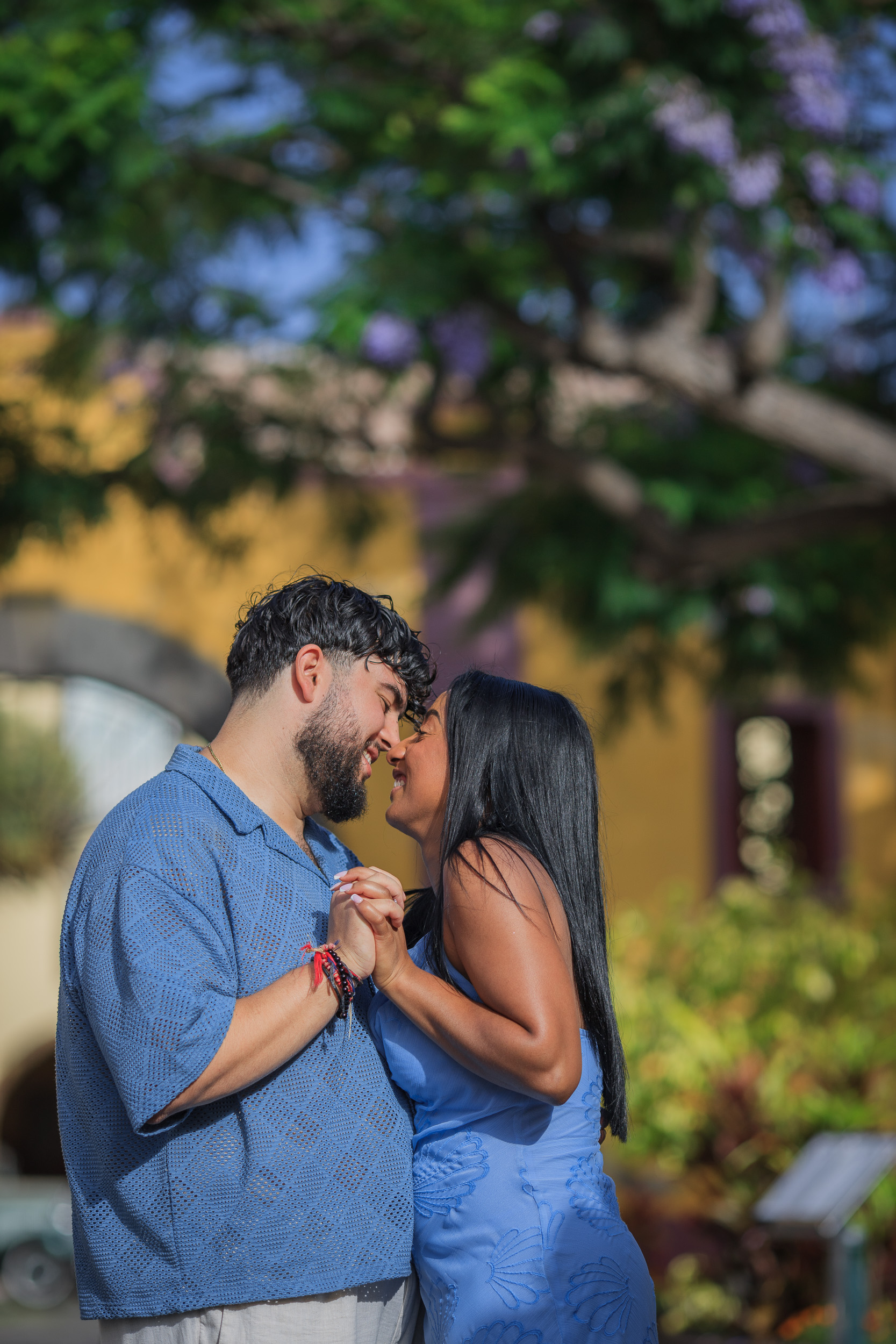 Nose to nose under the jacaranda by the fort, newly engaged in Funchal, Madeira