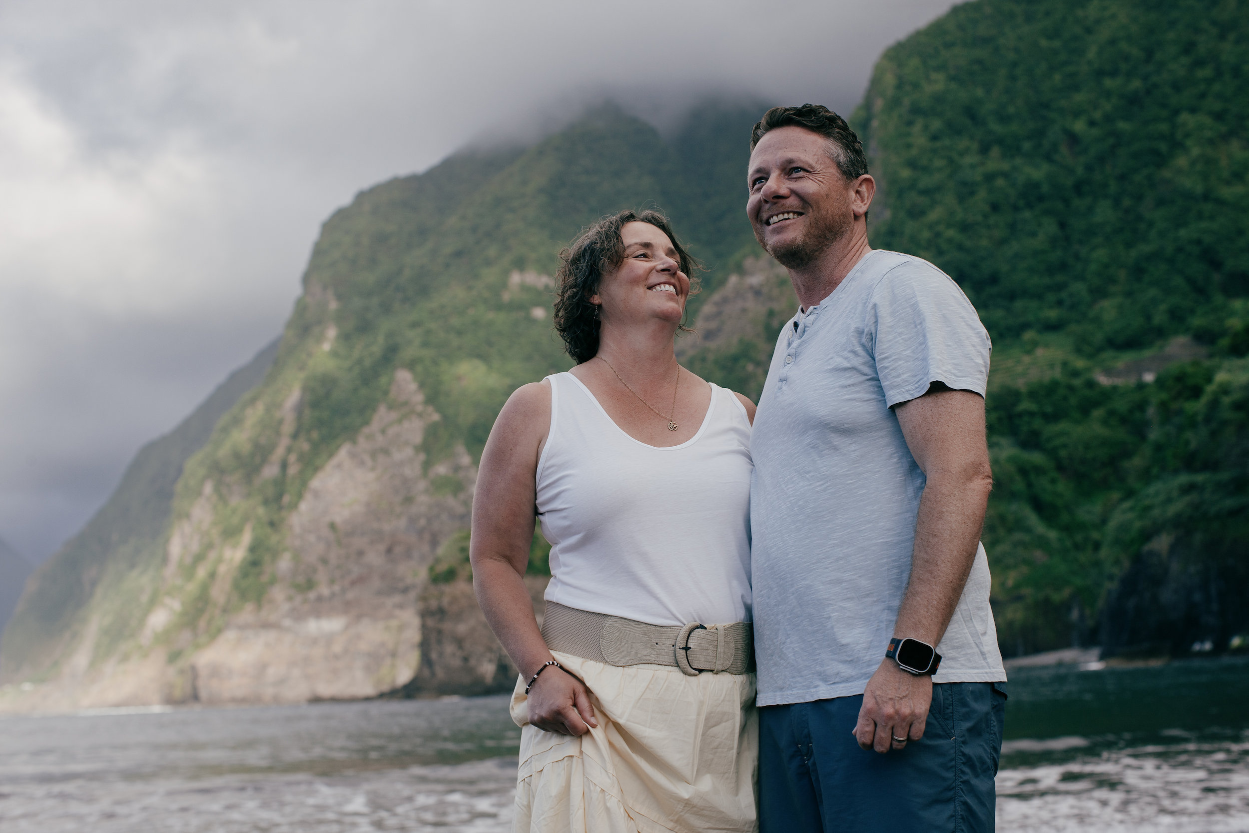 Laughing into the wind at the foot of the north coast cliffs, Seixal, Madeira