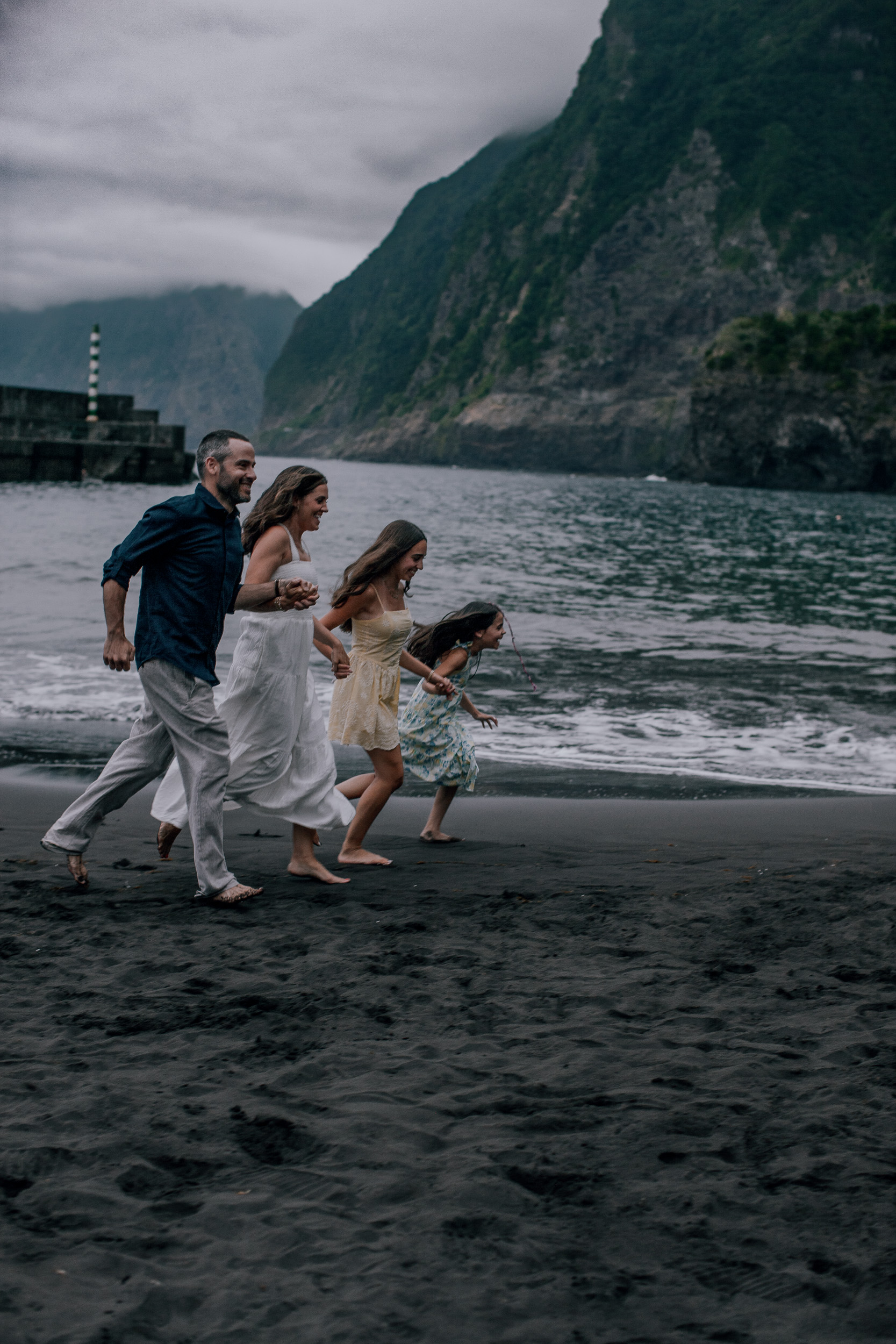 Chasing each other along the shore, evening light on the cliffs, Seixal, Madeira