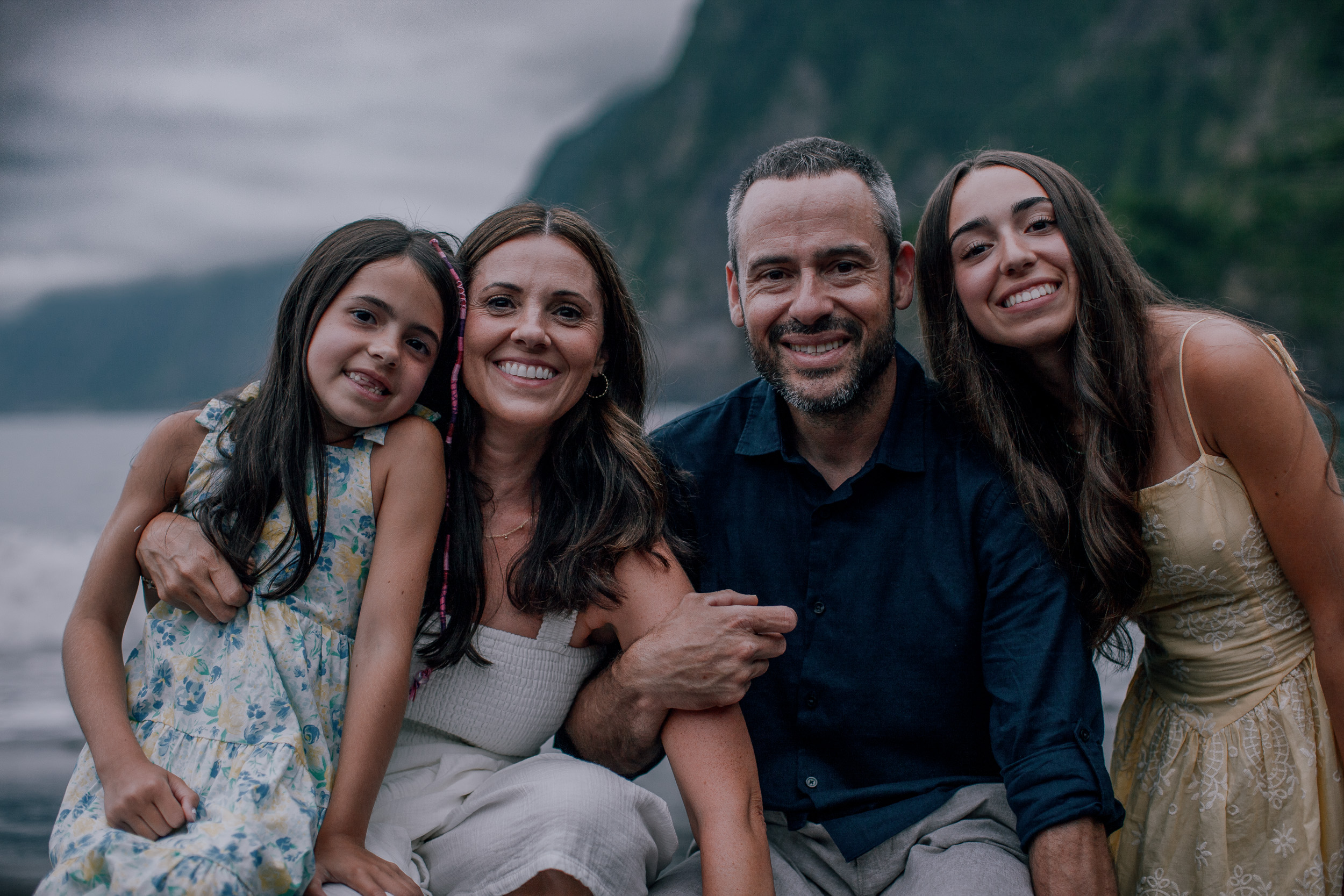 Close family huddle with both daughters, Seixal Beach, Madeira