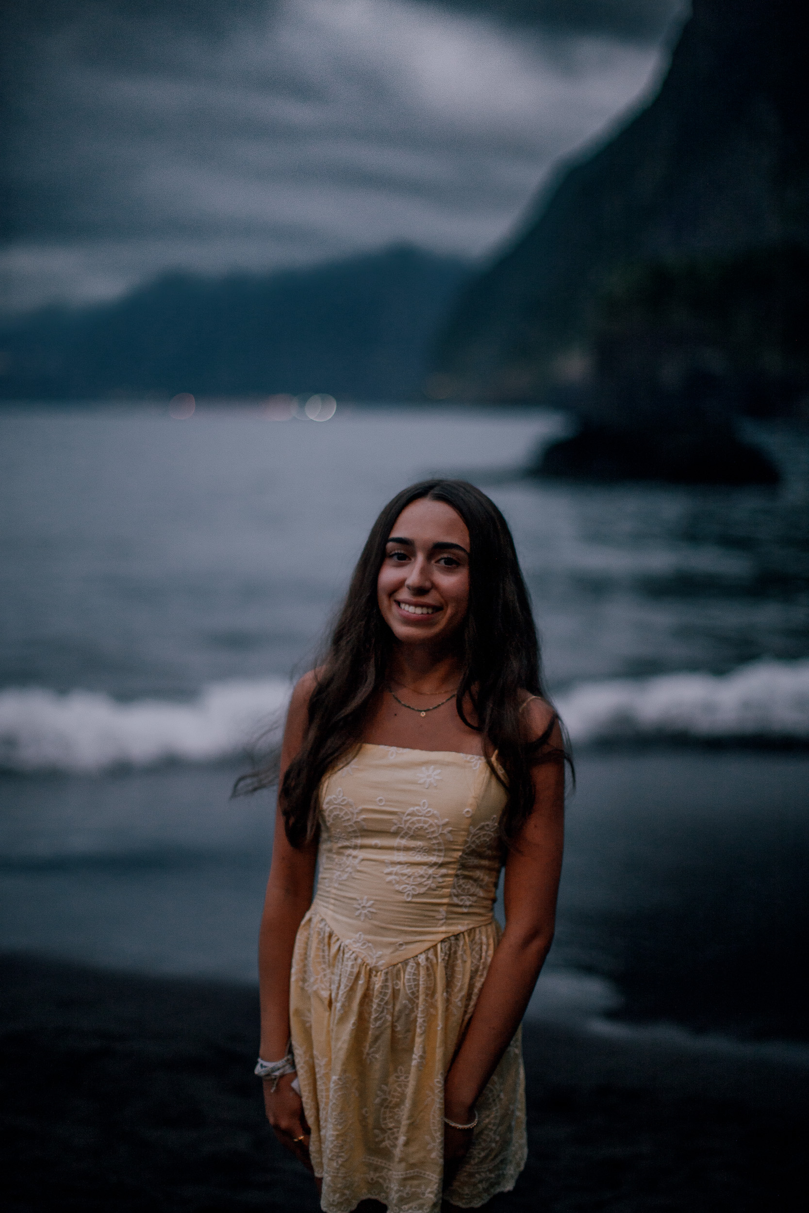 Portrait of the teenage daughter at blue hour, Seixal Beach, Madeira