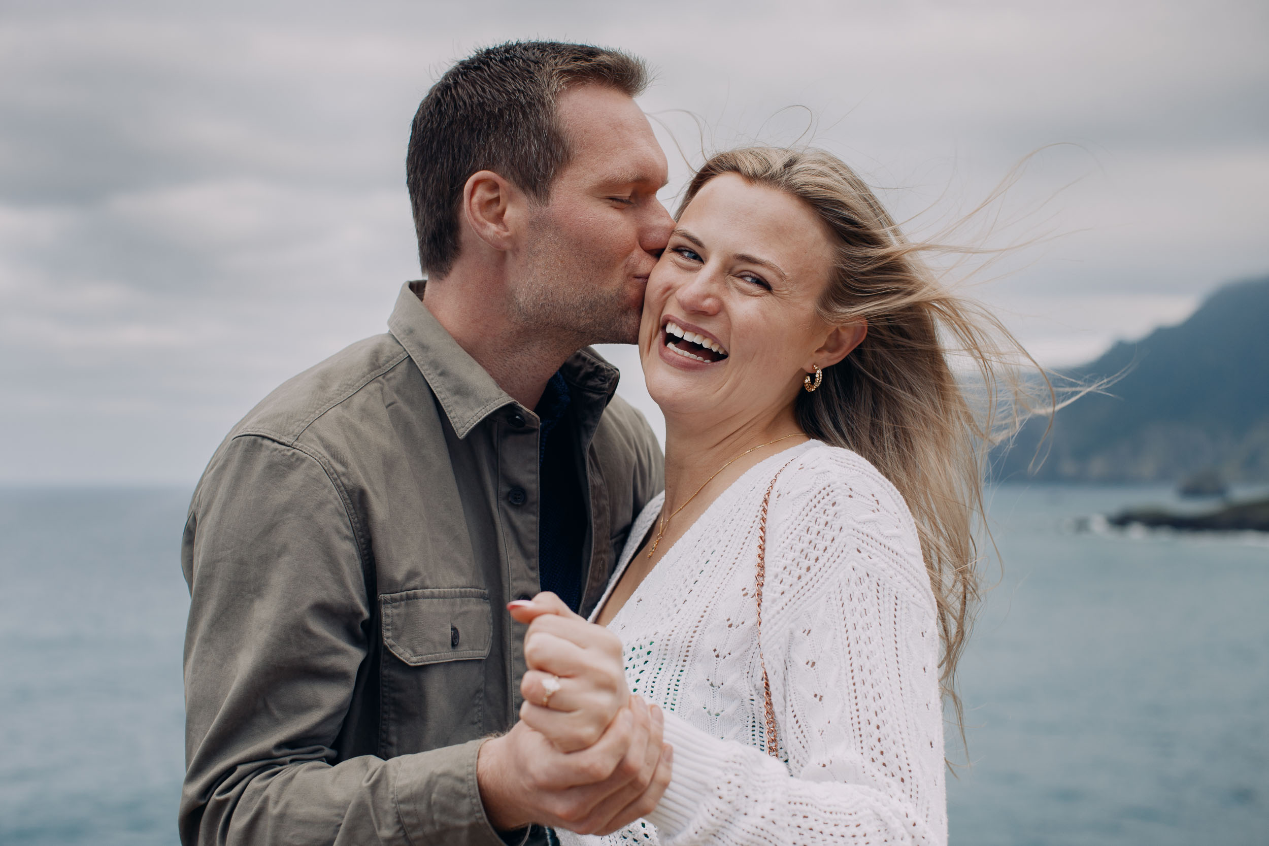 Newly engaged couple at Miradouro do Guindaste, Madeira