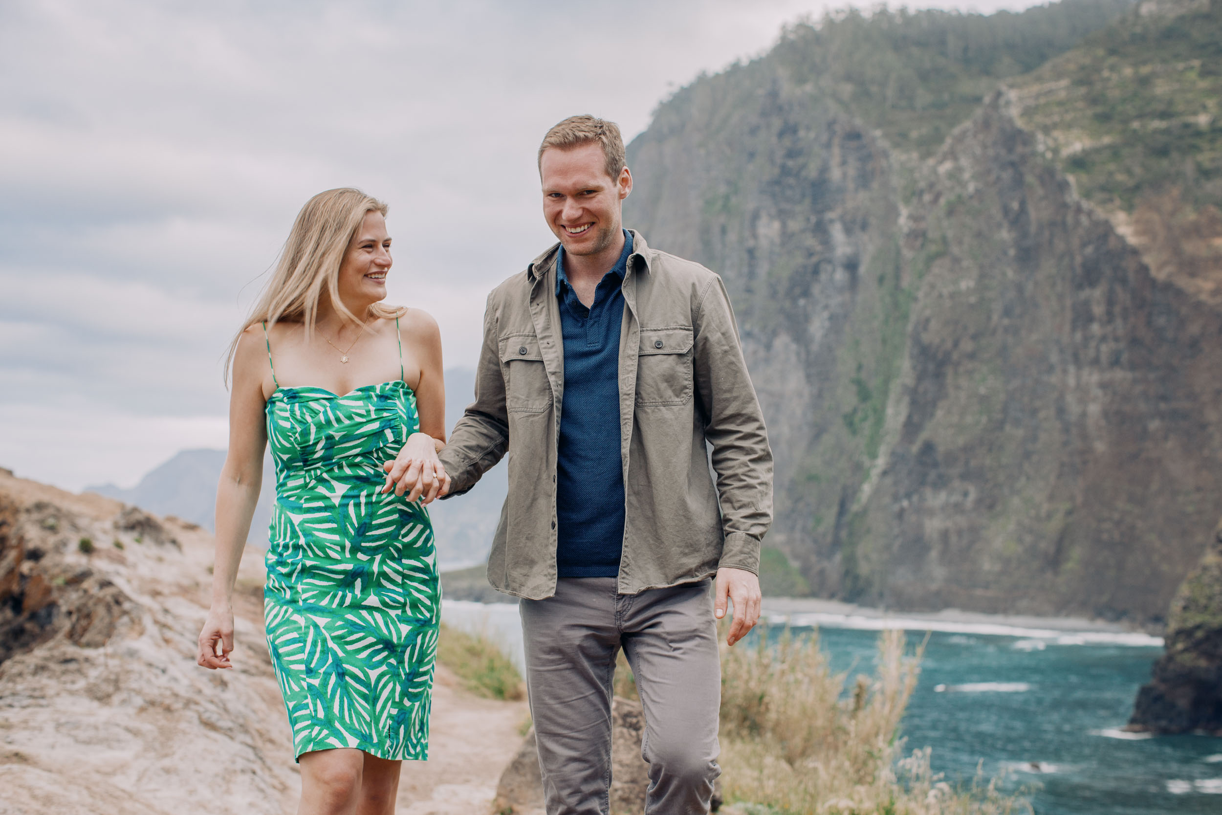 Newly engaged couple at Miradouro do Guindaste, Madeira