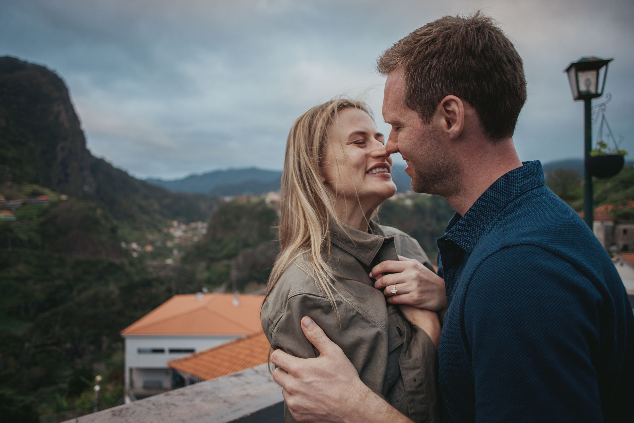 Newly engaged couple at Miradouro do Guindaste, Madeira