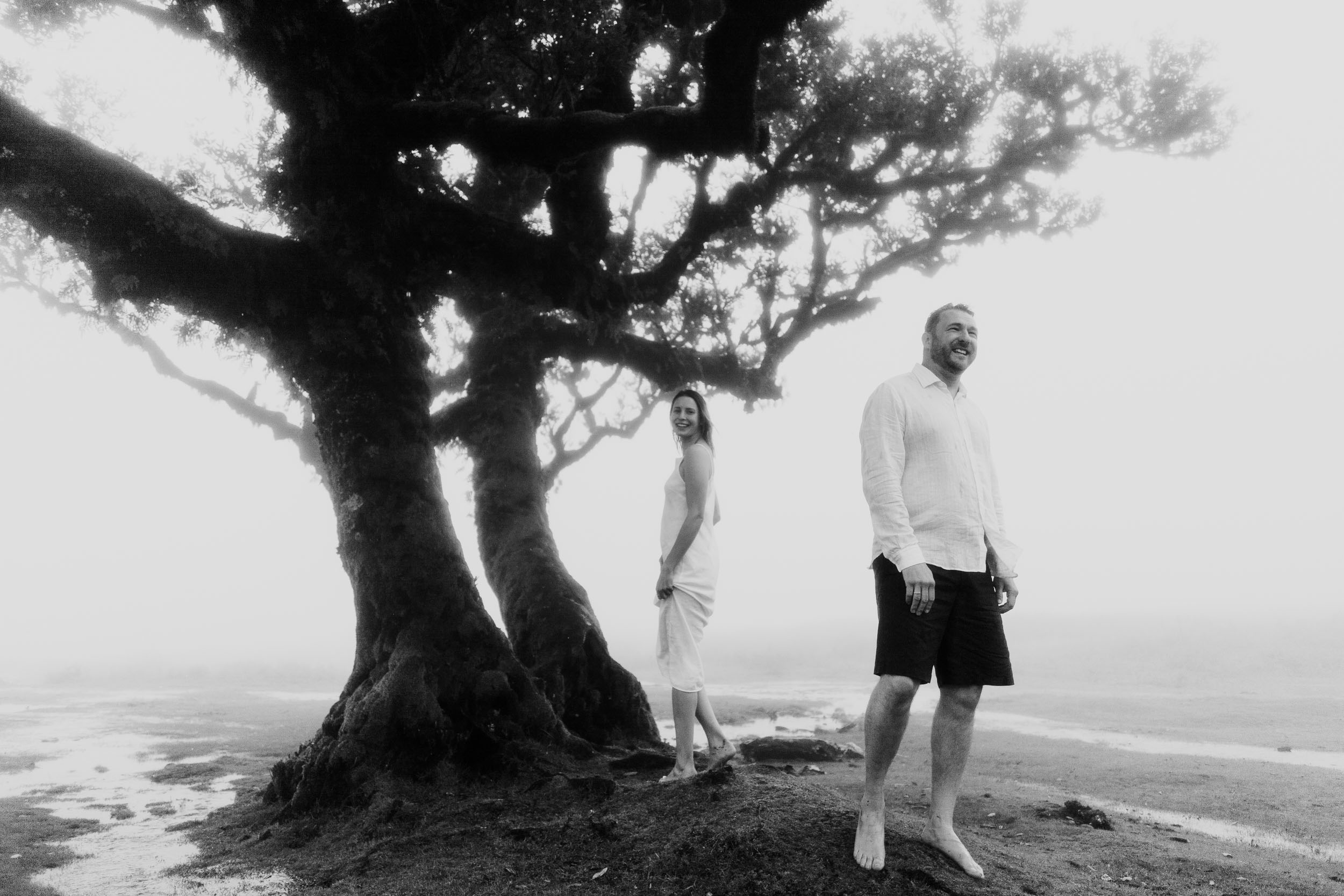 Woman standing among centuries-old laurel trees in the mist, Fanal Forest, Madeira