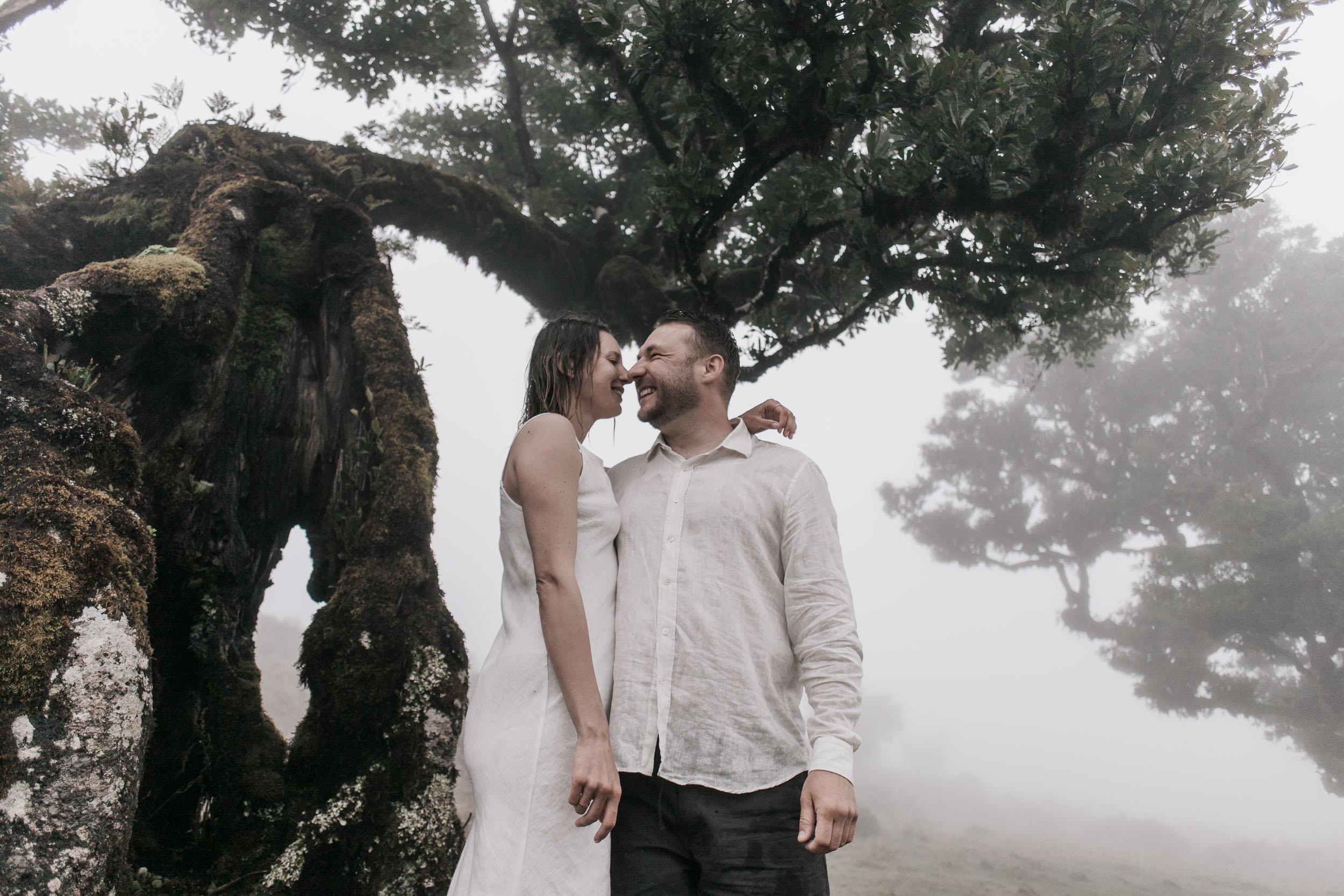 Couples session in Fanal Forest, ancient laurels and afternoon mist, Madeira