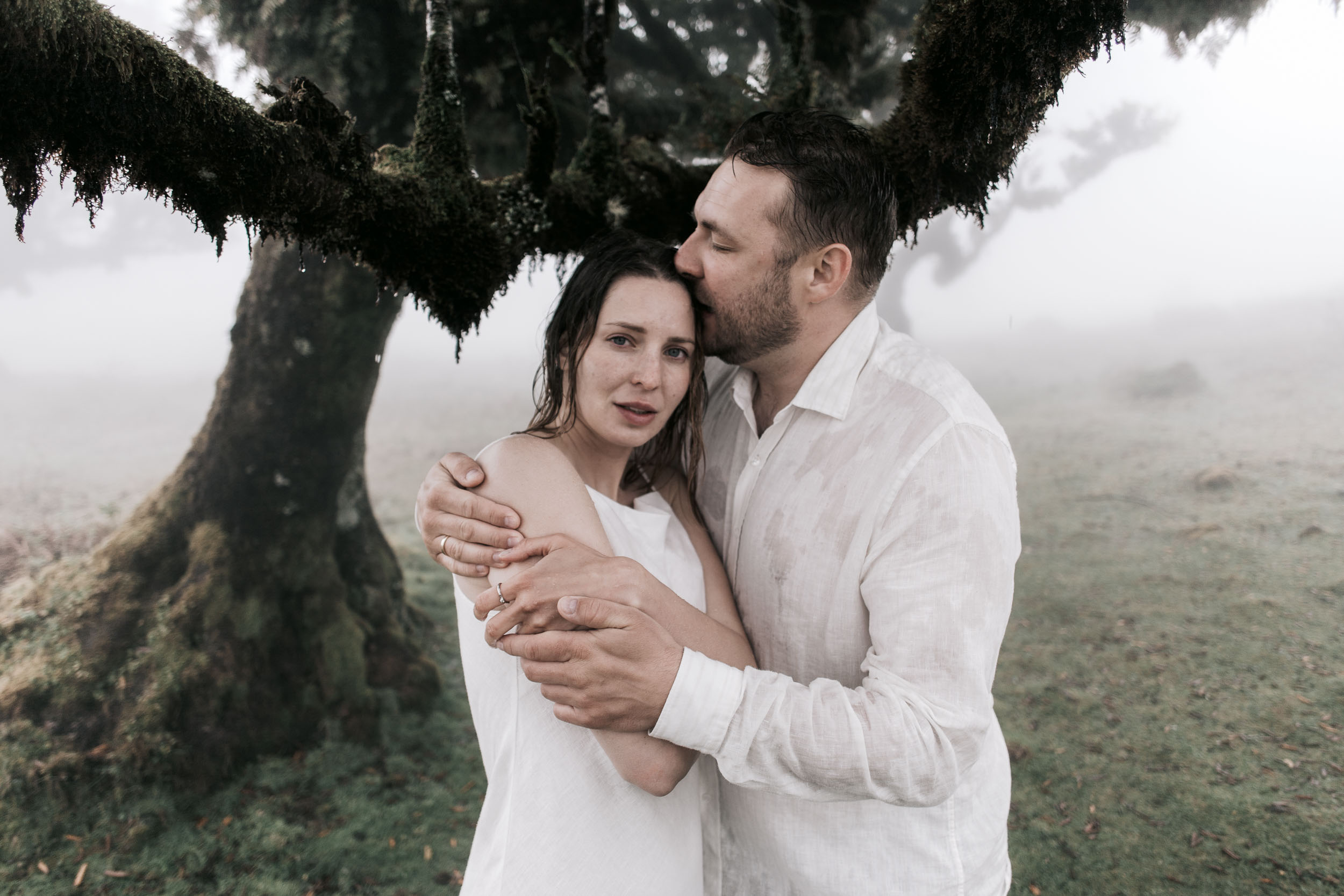 Couples session in Fanal Forest, ancient laurels and afternoon mist, Madeira