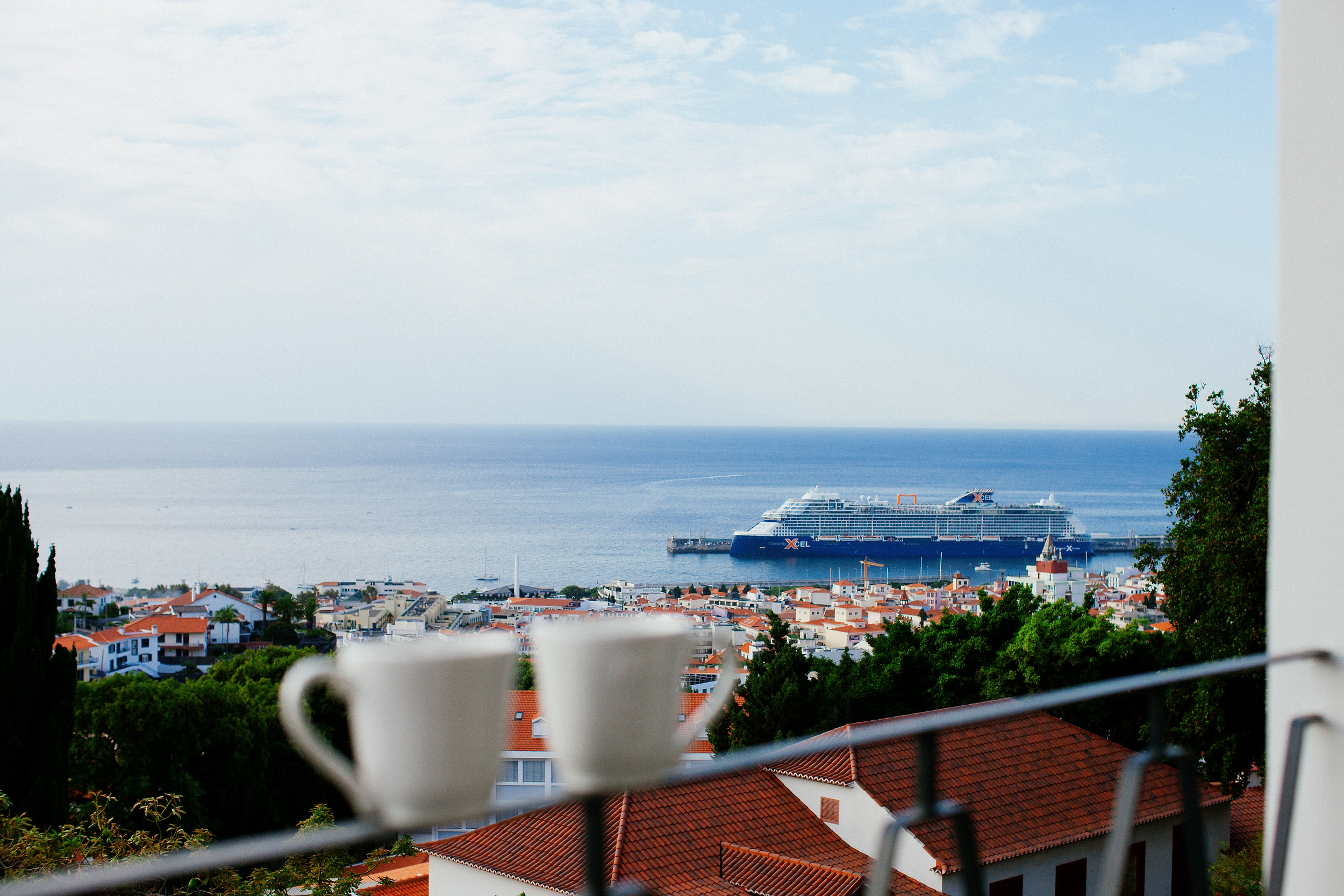 Two cups on the rail in the foreground, Funchal harbour and the cruise ship in the morning