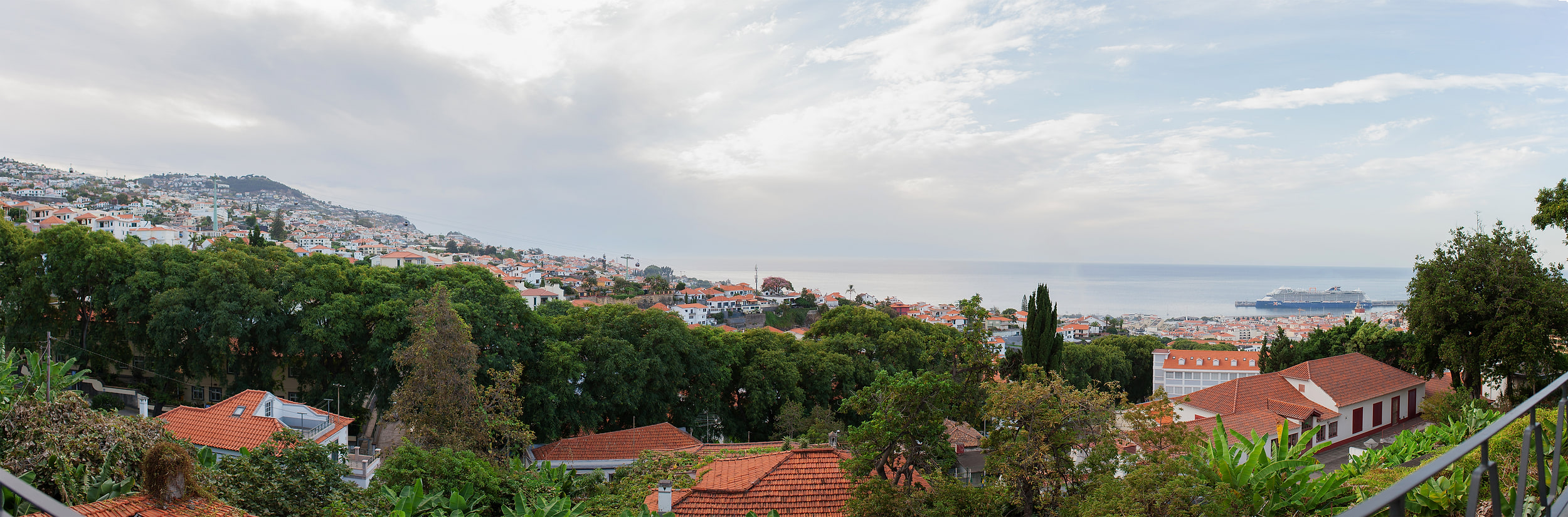 Day panorama from the balcony across Funchal, the hillside, the bay and a cruise ship